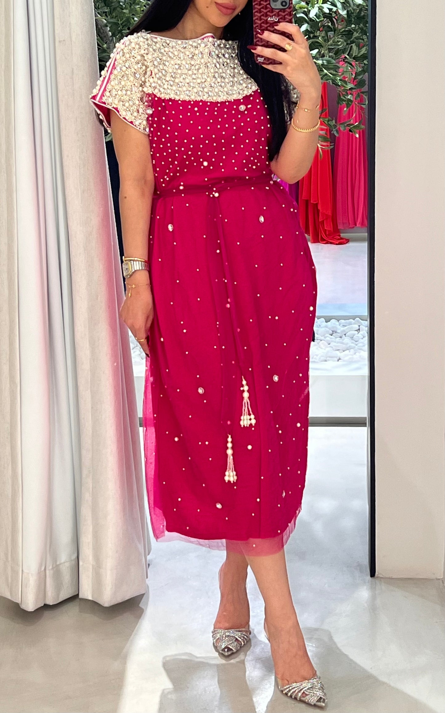 Tulle x pearl straight cut kaftan- pink