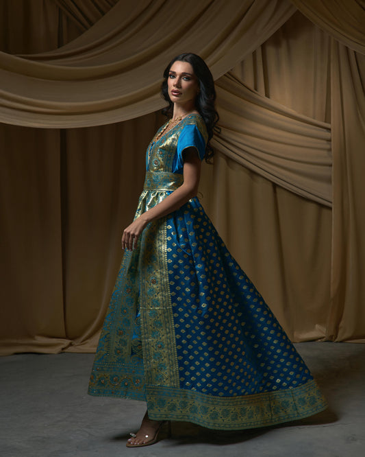 Brocade Dress - Royal Blue x Gold