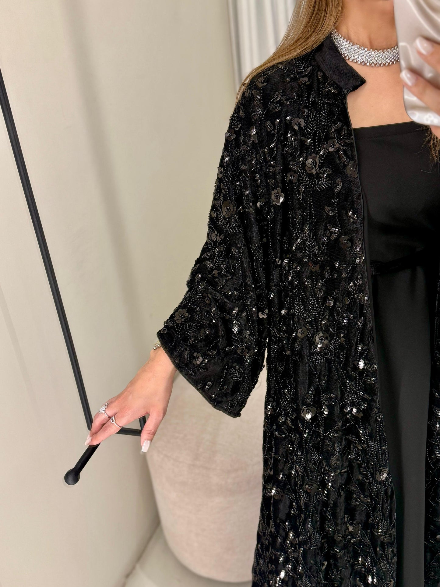 Velvet Bisht -Black  x Black Embellishments