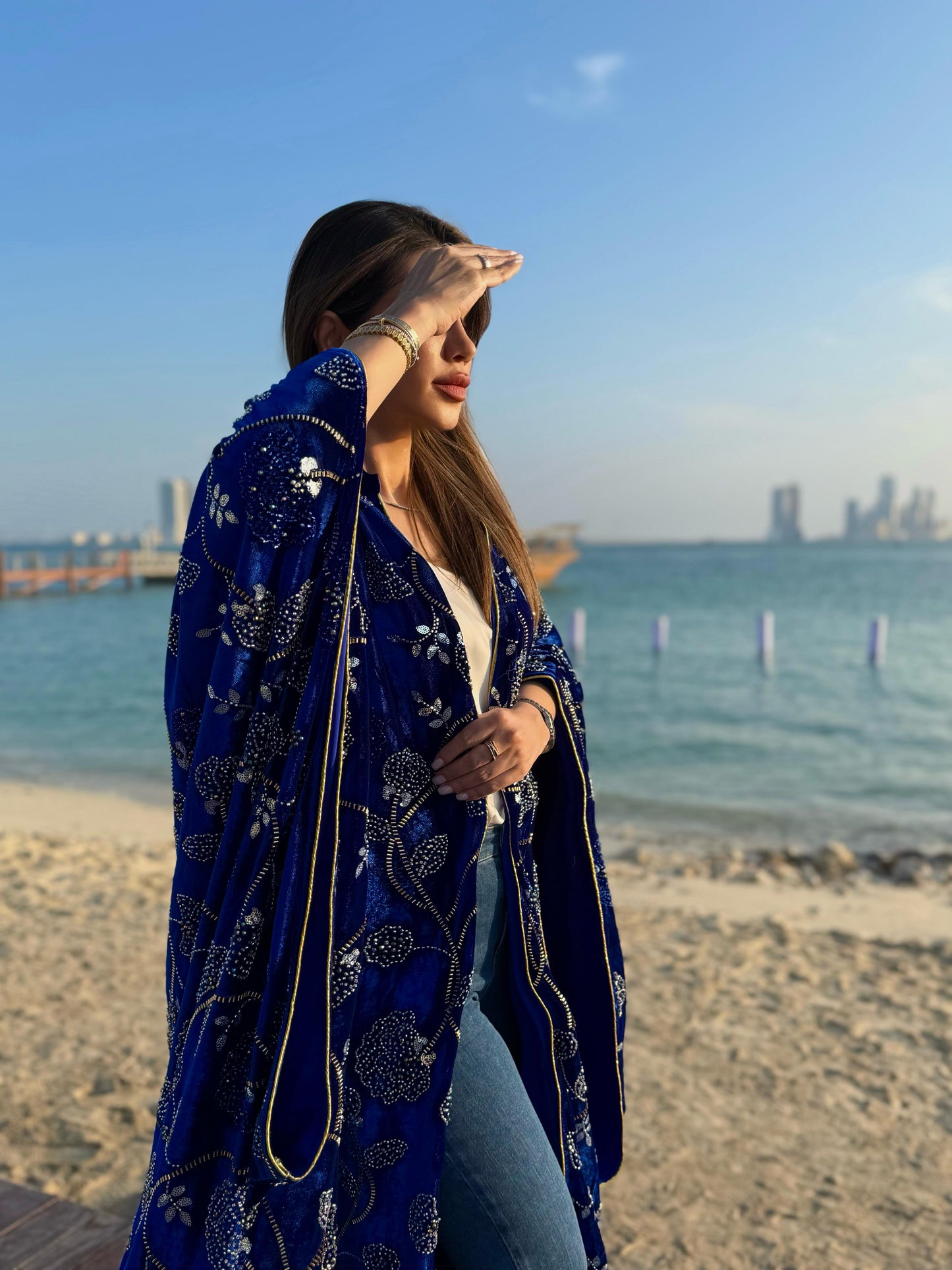 Wide Sleeves Velvet Bisht-Royal Blue x Embellishments