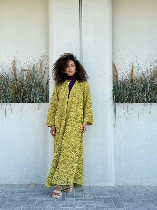 Velvet / Lace Abaya- Lime
