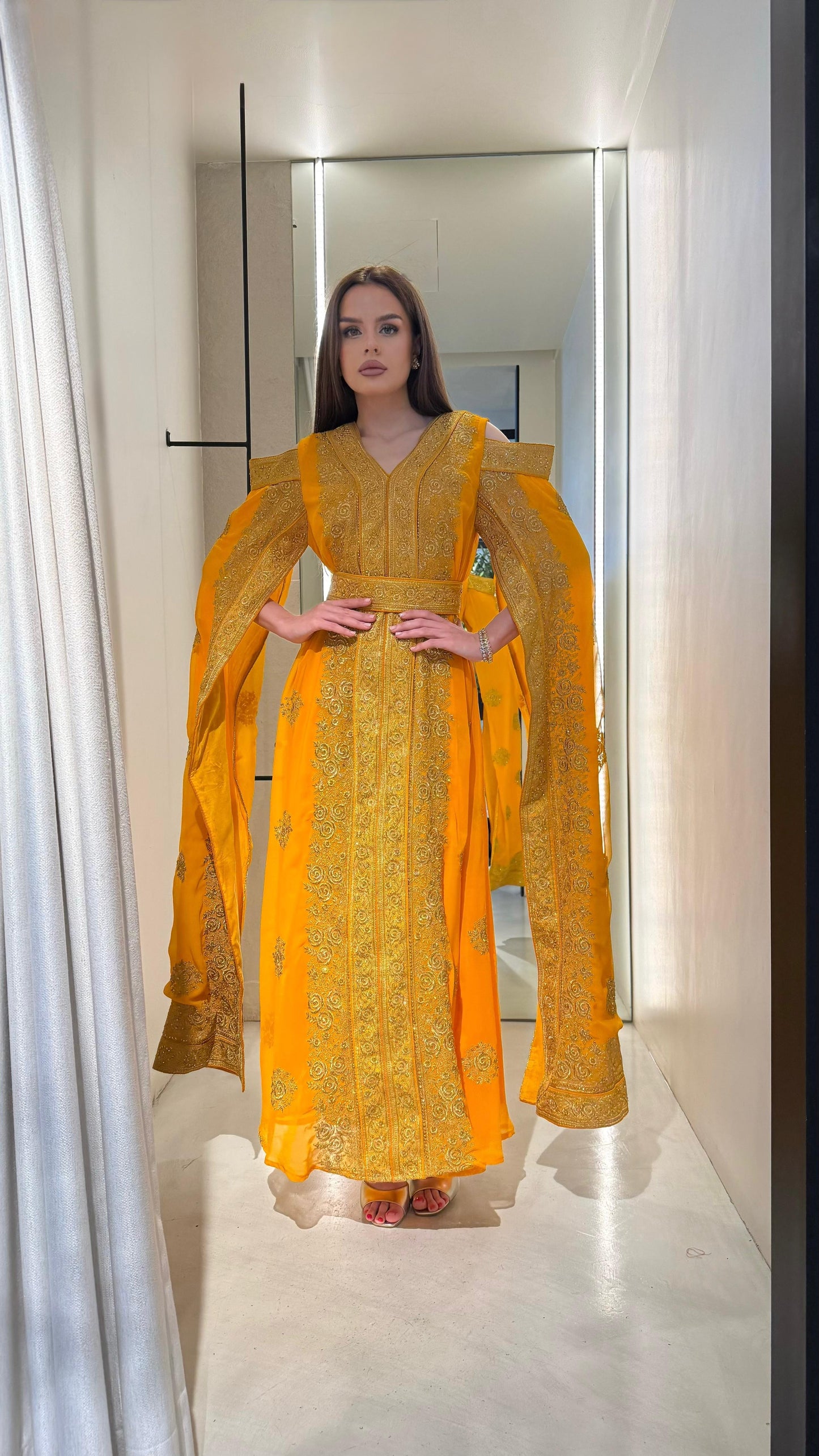 Jelwa Cutout Cape Sleeve Kaftan- Mustard