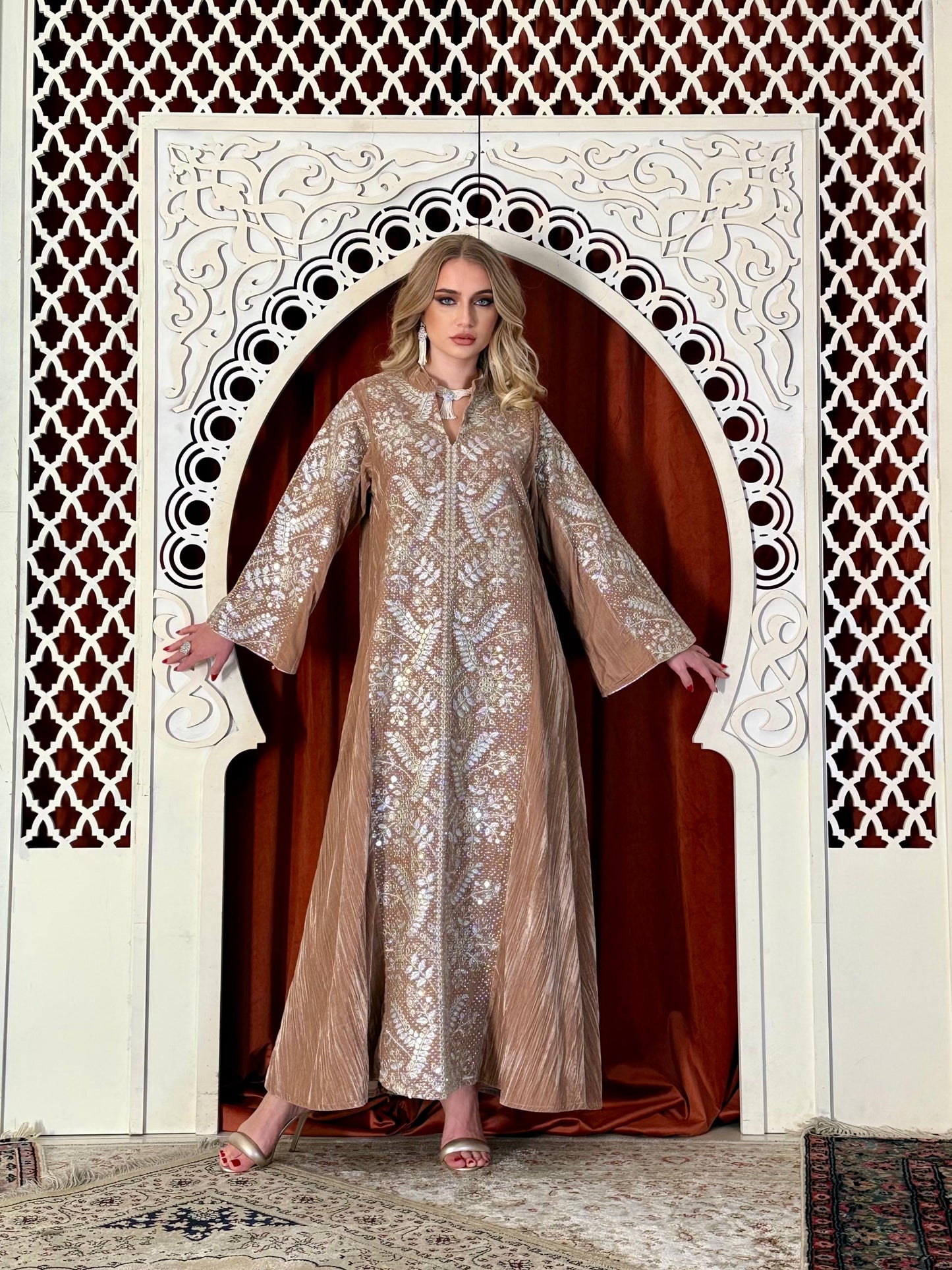 Velvet Embroidery Kaftan - caramel