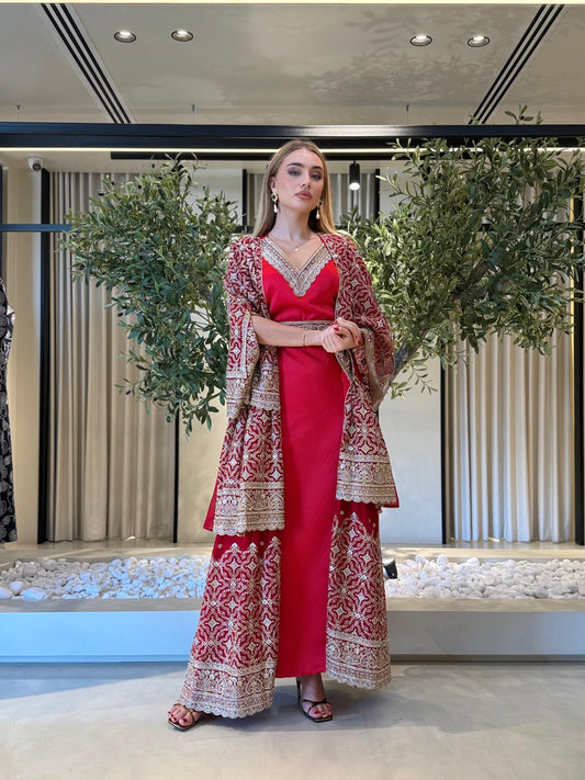 Triple layer Jelwa cape Bisht-Red