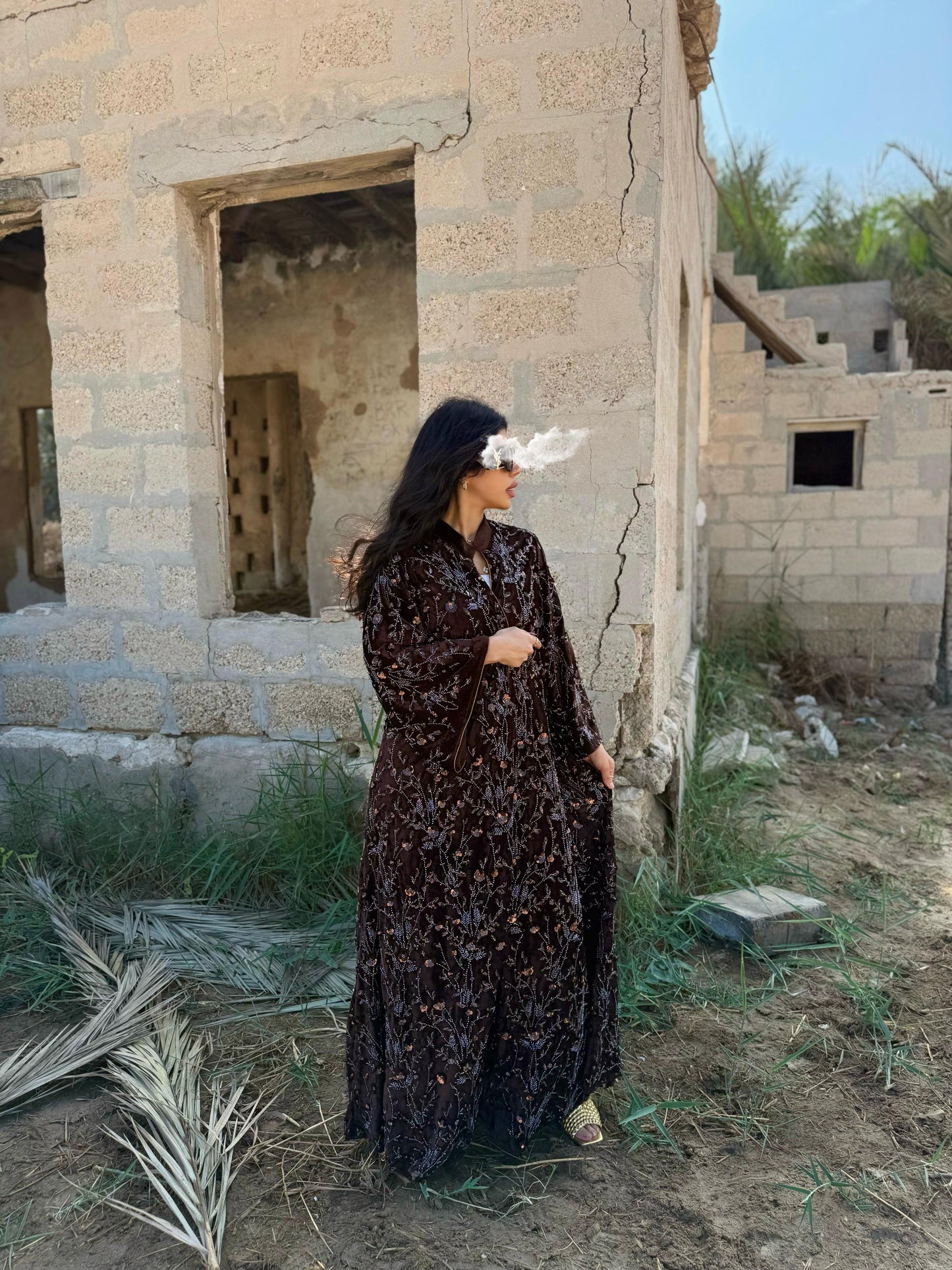 Velvet Bisht -Brown x Embellishments