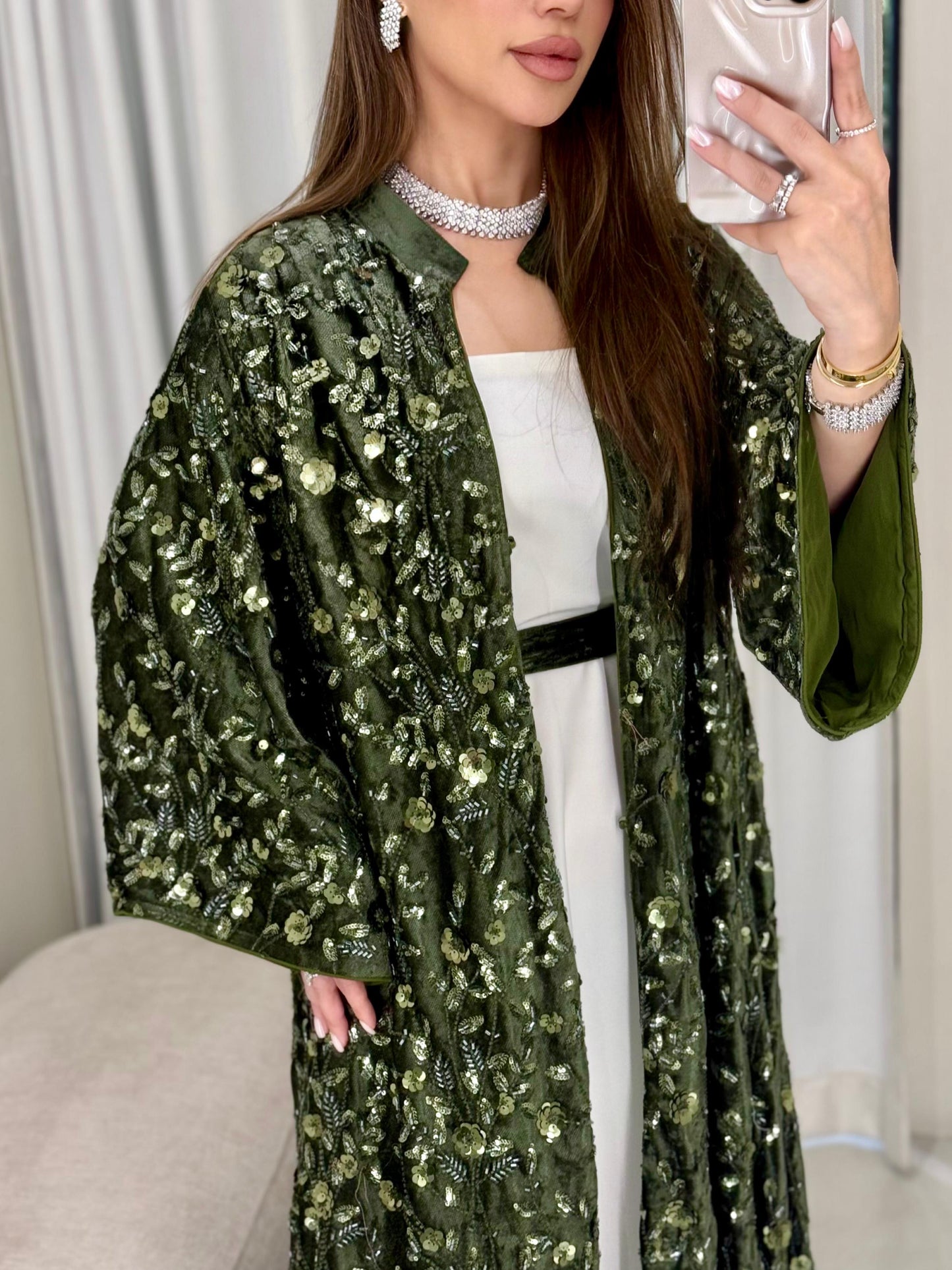 Velvet Bisht -Olive x Embellishments