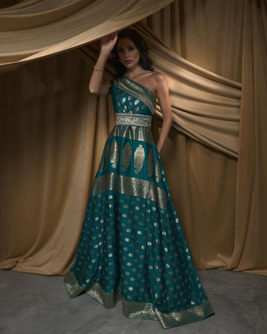 One Shoulder Asymmetrical Brocade Dress - Turqoise x Gold