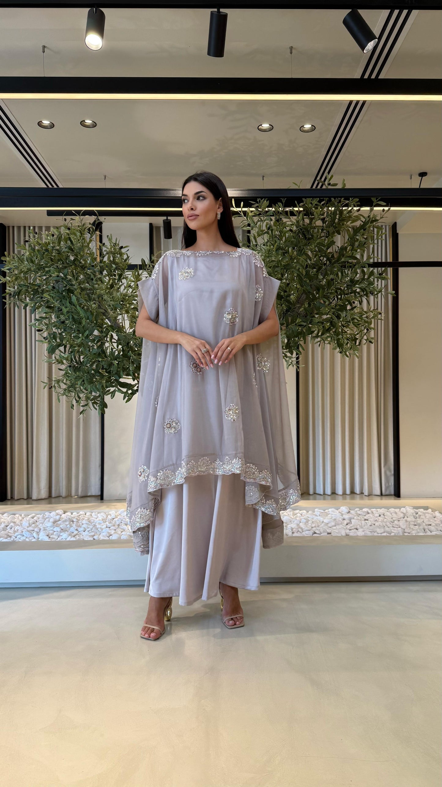 Double Layer Jelwa Kaftan- grey