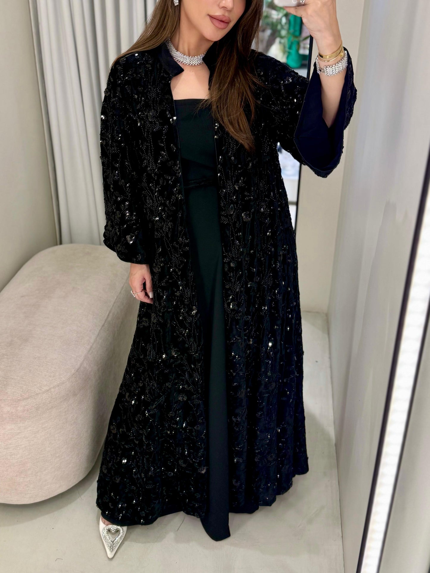 Velvet Bisht -Black  x Black Embellishments