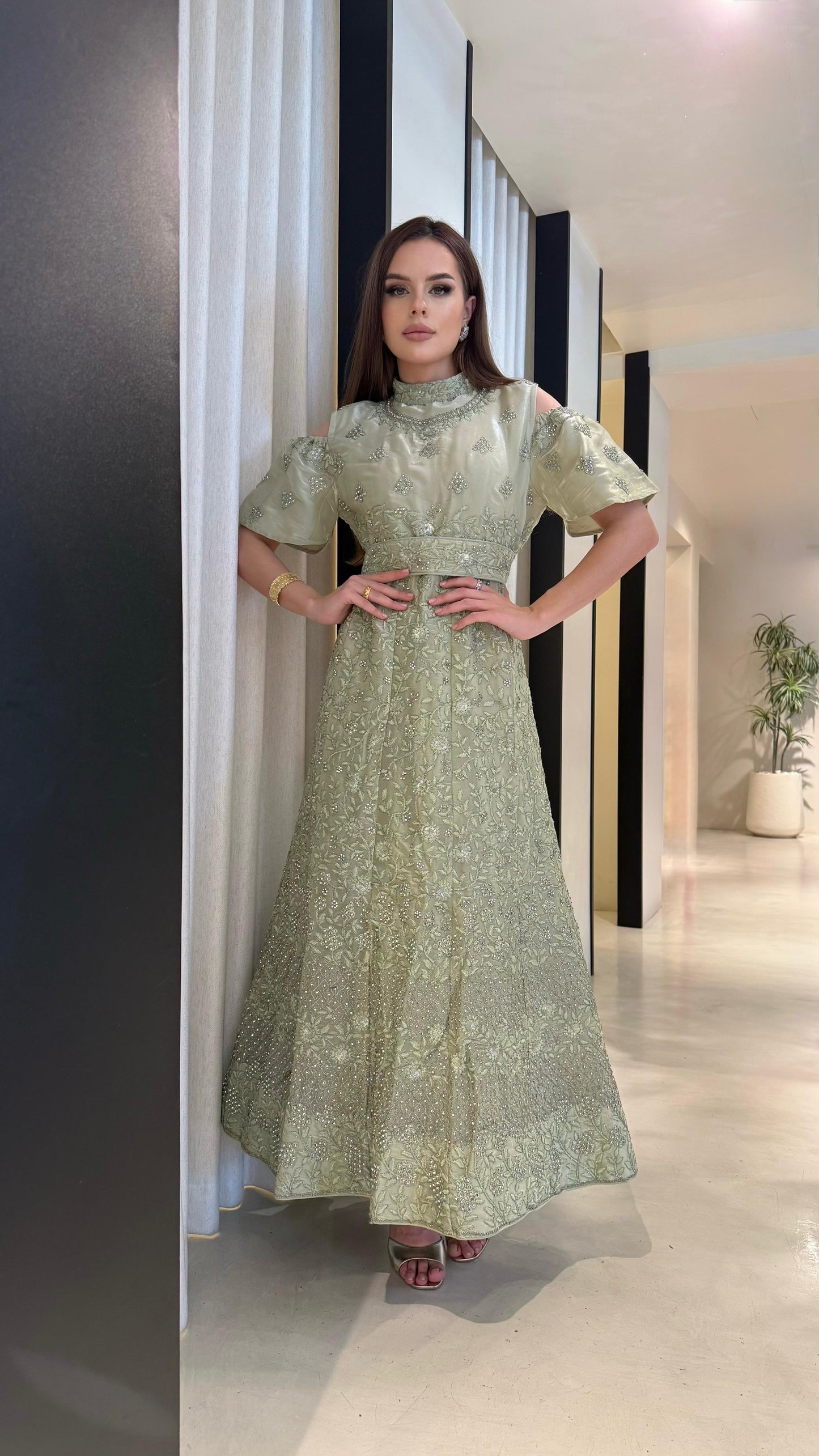 Off shoulders/ Double Layers Jelwa Dress- light mint