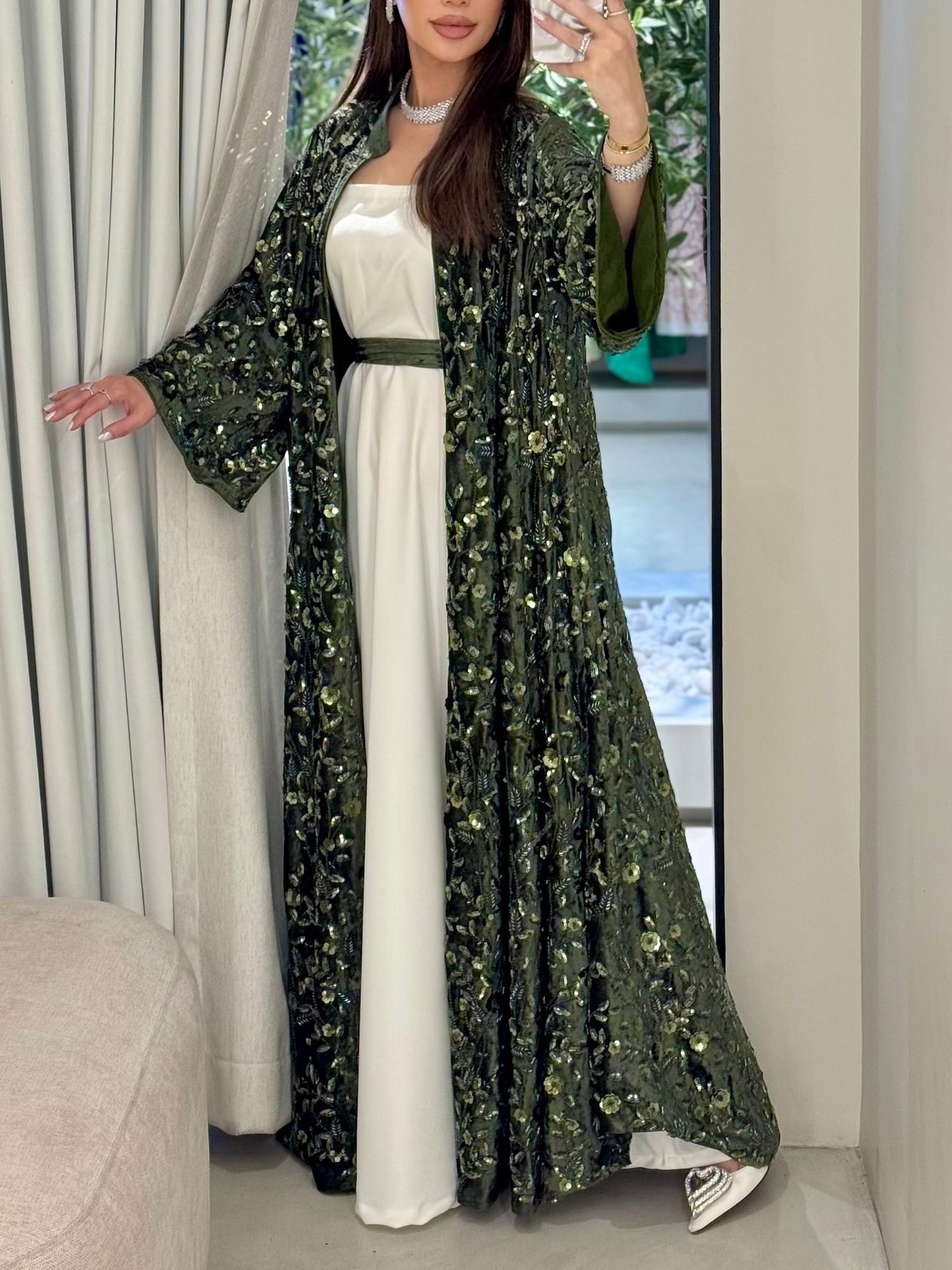 Velvet Bisht -Olive x Embellishments