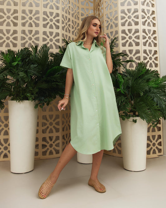 Basic Linen Shirt Dress-lime