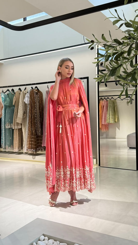 Cape Long sleeves Jelwa kaftan - Coral embellishments