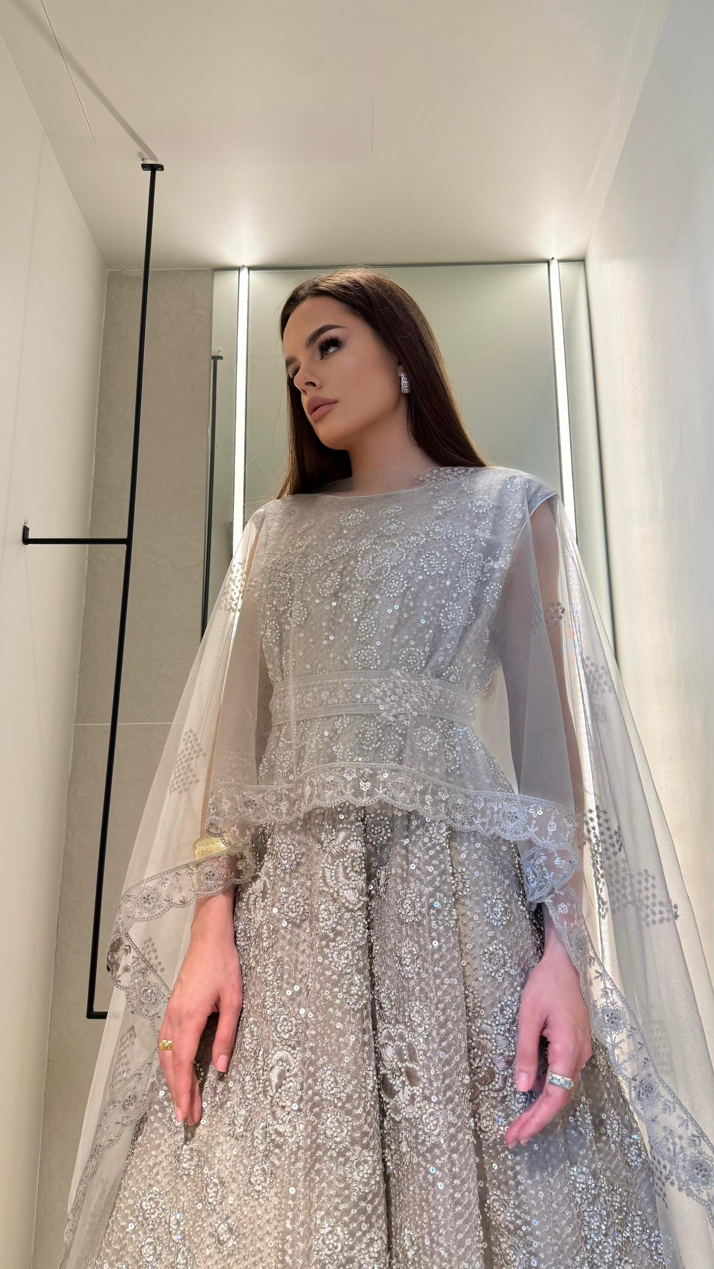 Midi fully embellished Jelwa Dress x tulle coverup- light greyish/ silver
