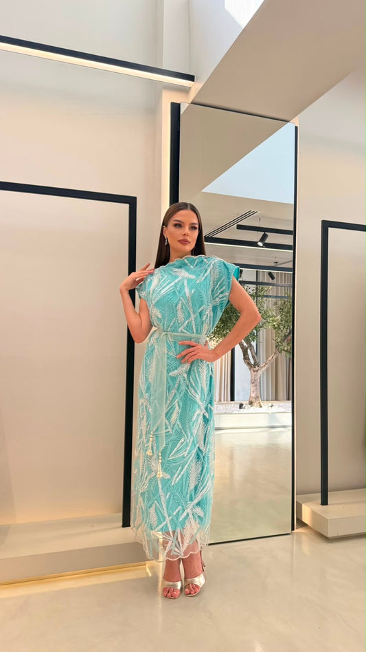 Straight cut Jelwa Kaftan-Aqua