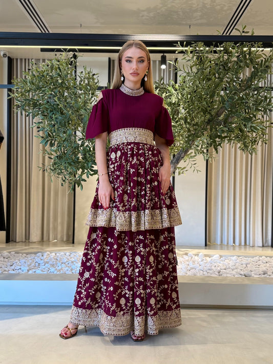 Off shoulders/ Double Layers Jelwa Dress-Maroon