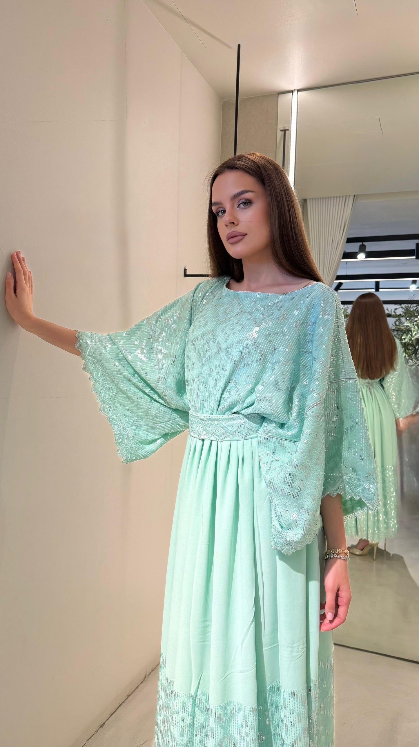 Wide Sleeves Flowy Jelwa Dress-Aqua
