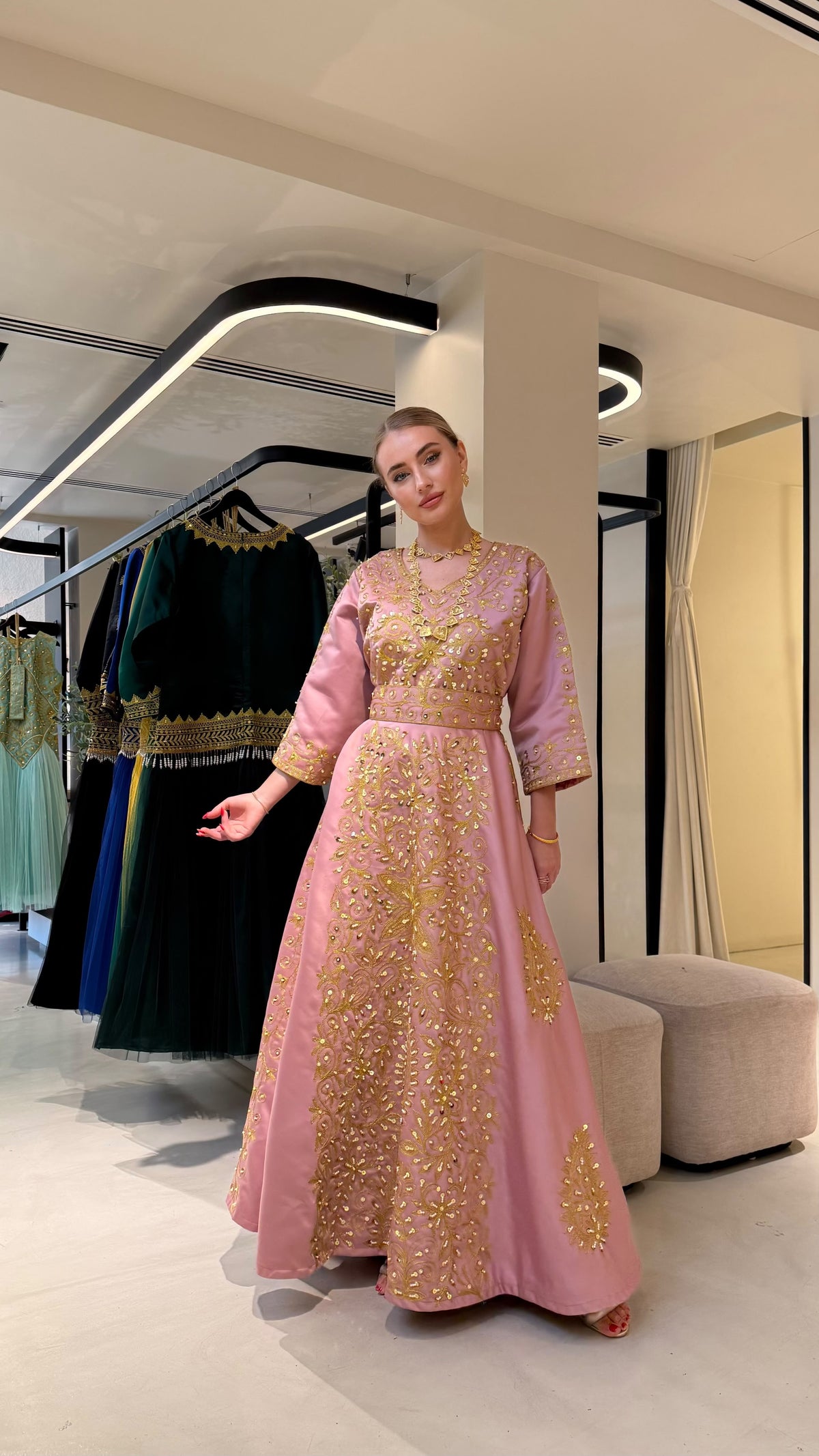 Nashel Jelwa Sattan Dress- Blush Pink x pearls embellishment