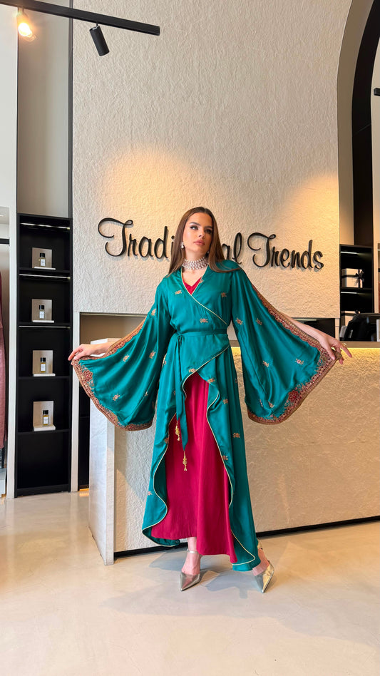 Flare sleeves wrapped Jelwa  kaftan - teal x maroon