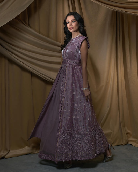 Short Sleeves Long Bridal Jelwa Dress- plum