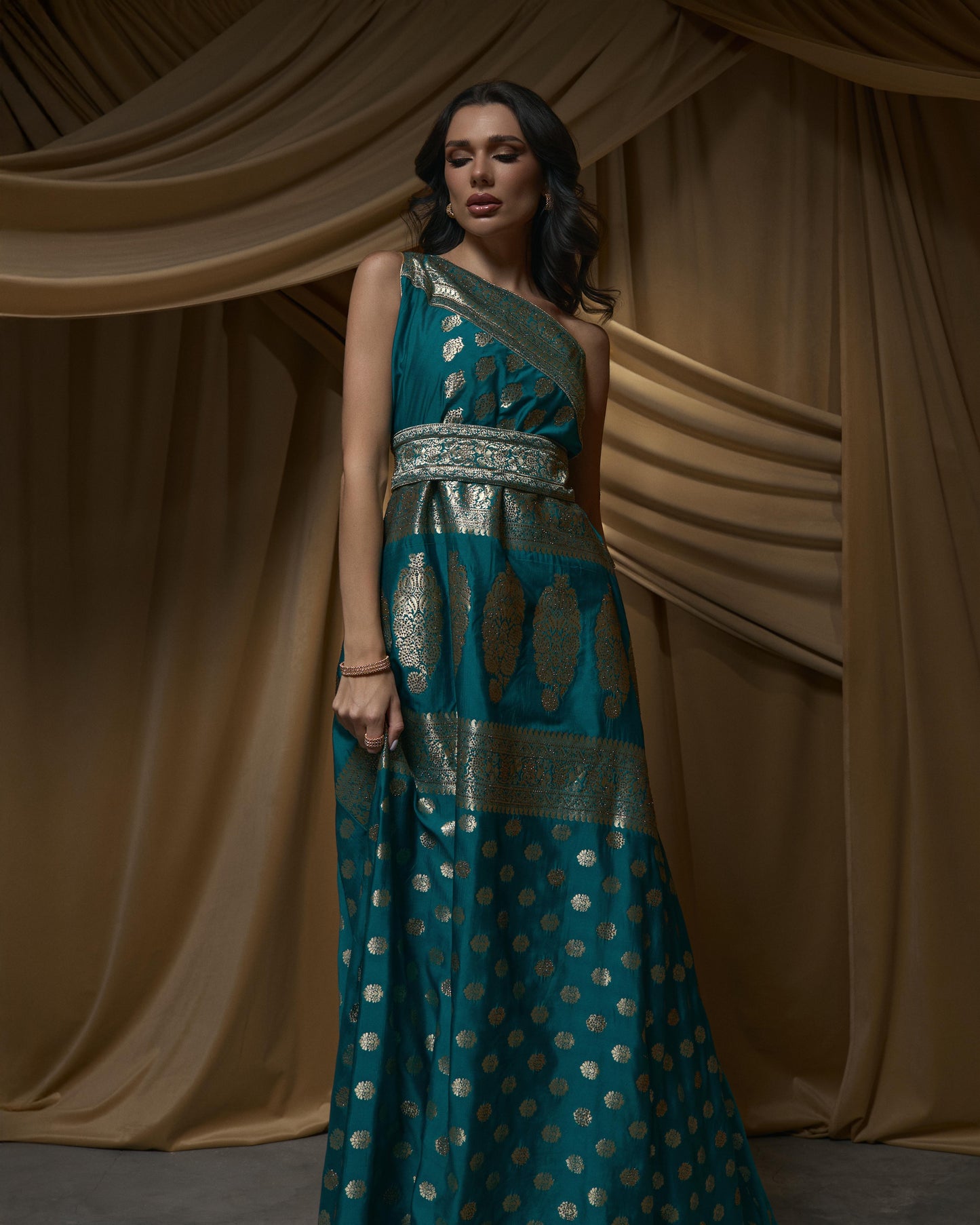 One Shoulder Asymmetrical Brocade Dress - Turqoise x Gold