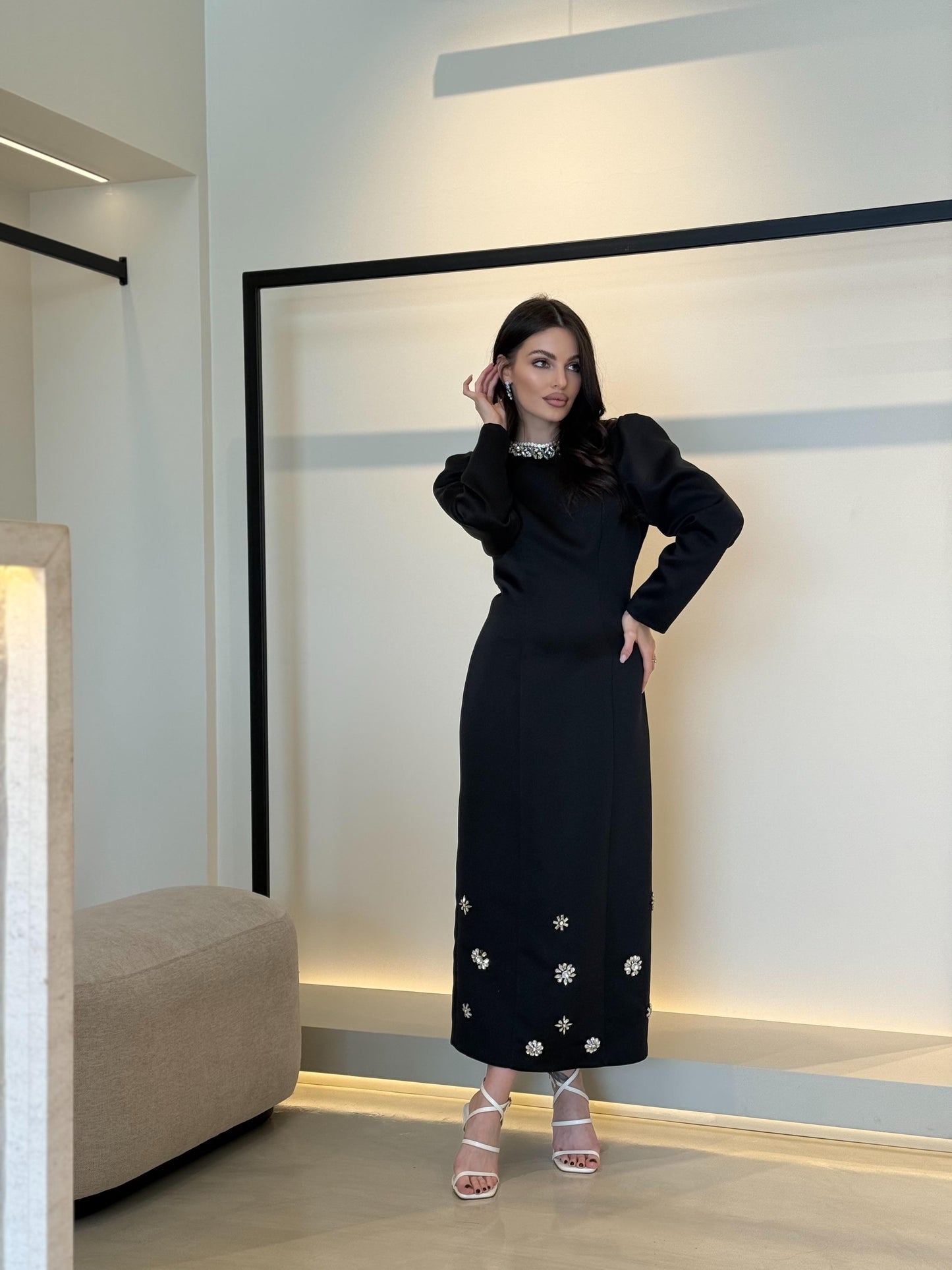 Black crystal midi dress