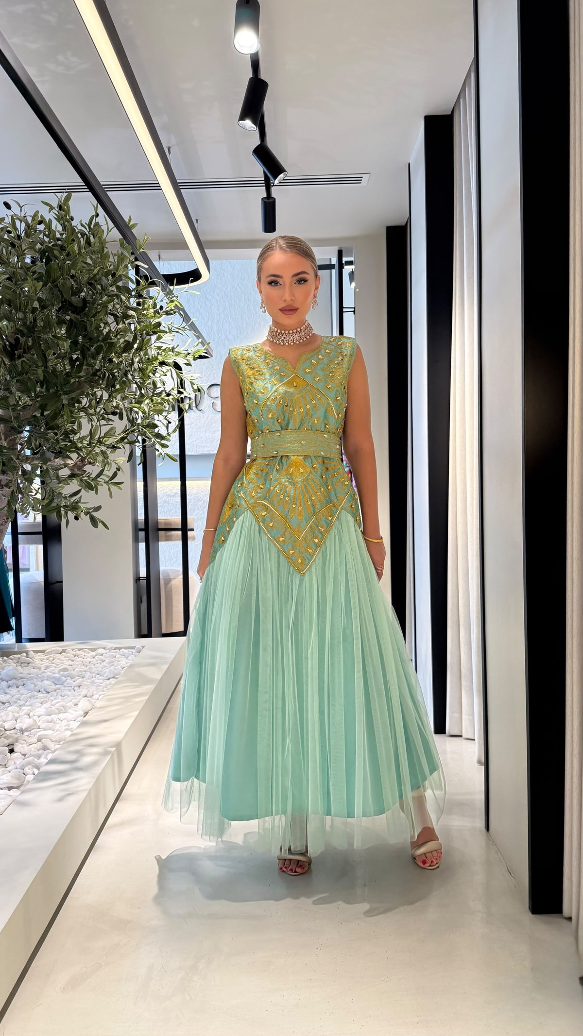 Nashel Jelwa Geometrical Dress X Tulle- Aqua