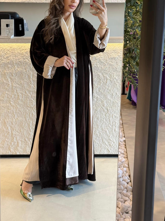 Winter velvet Abaya- Brown x cream