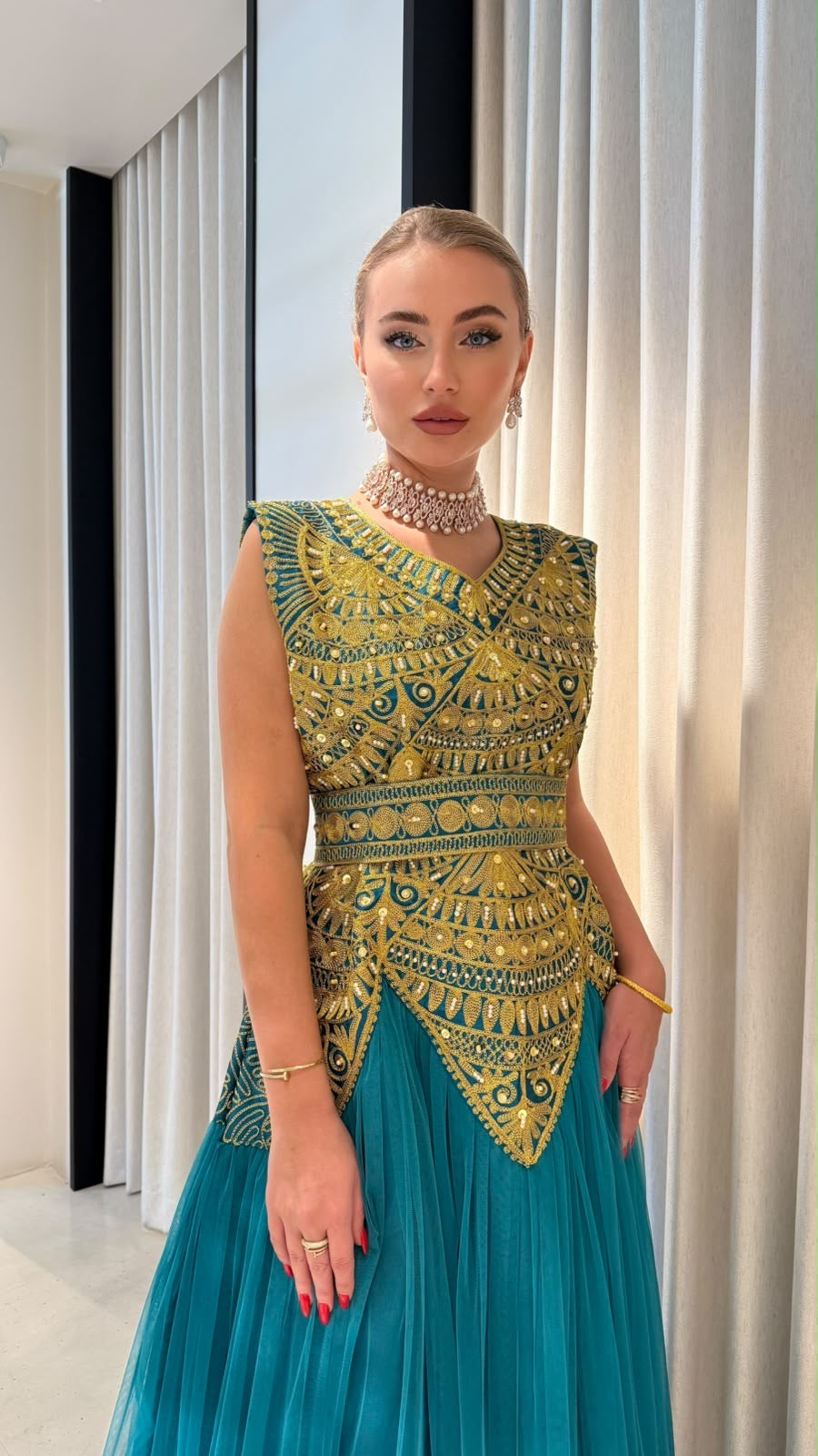 Nashel Jelwa Geometrical Dress X Tulle- Teal
