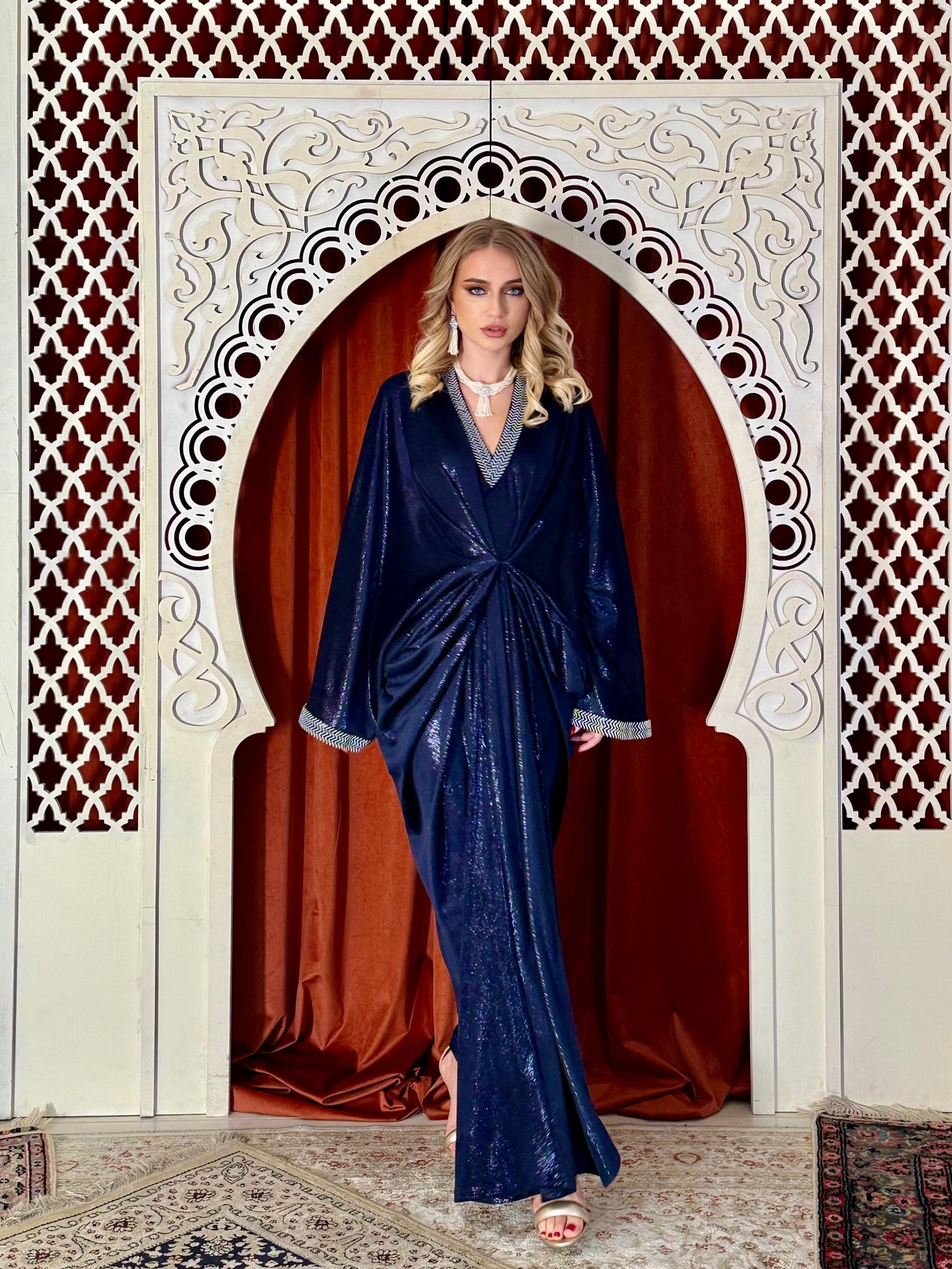 Velvet Draped Kaftan- Navy Blue