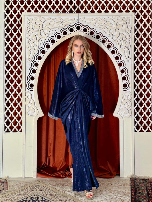 Velvet Draped Kaftan- Navy Blue