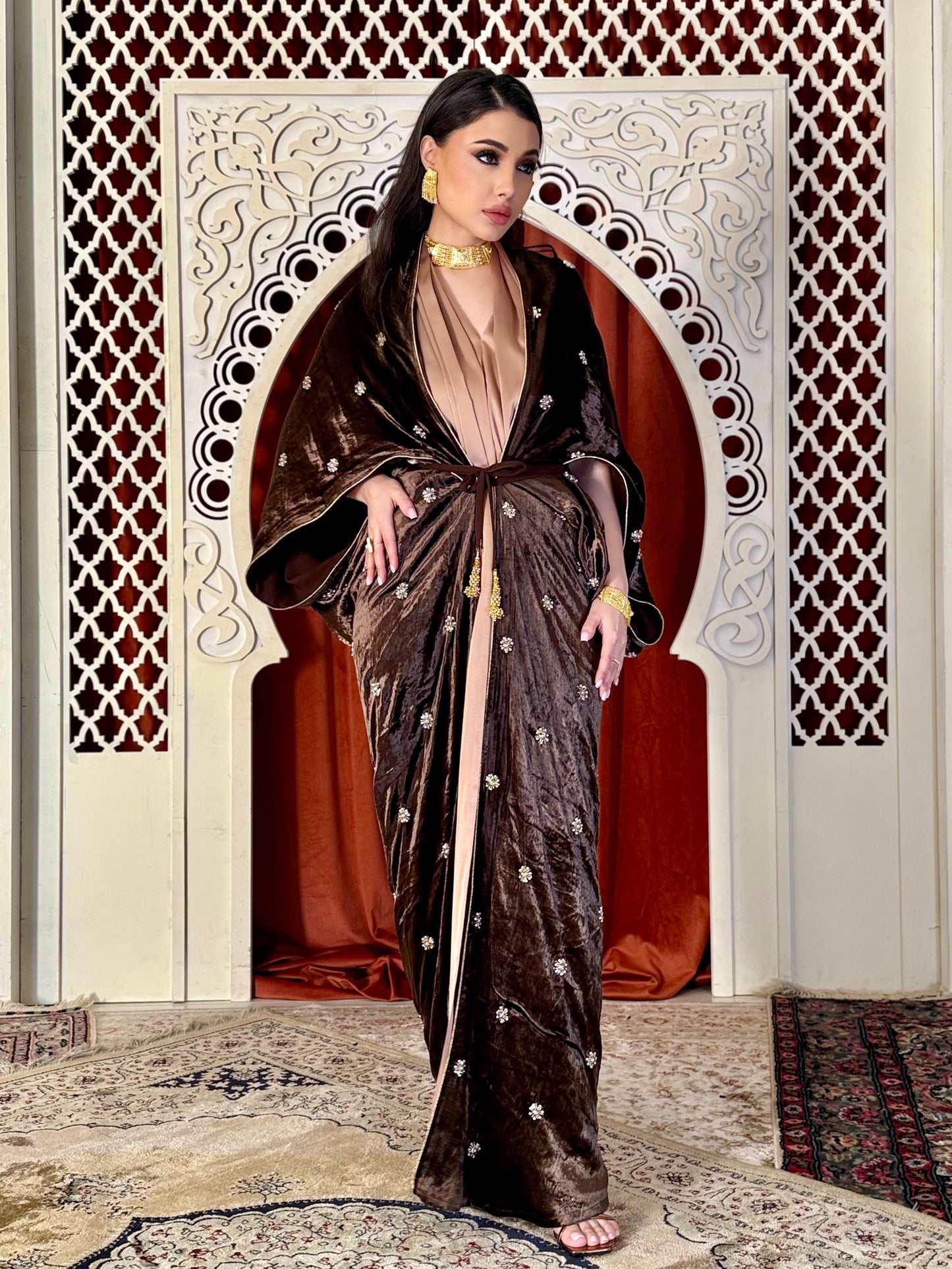 Velvet Draped Bisht kaftan set - chocolate caramel