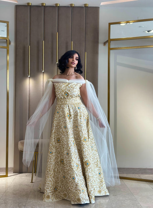 Traditional Bahraini Bridal Dress-white x tulle