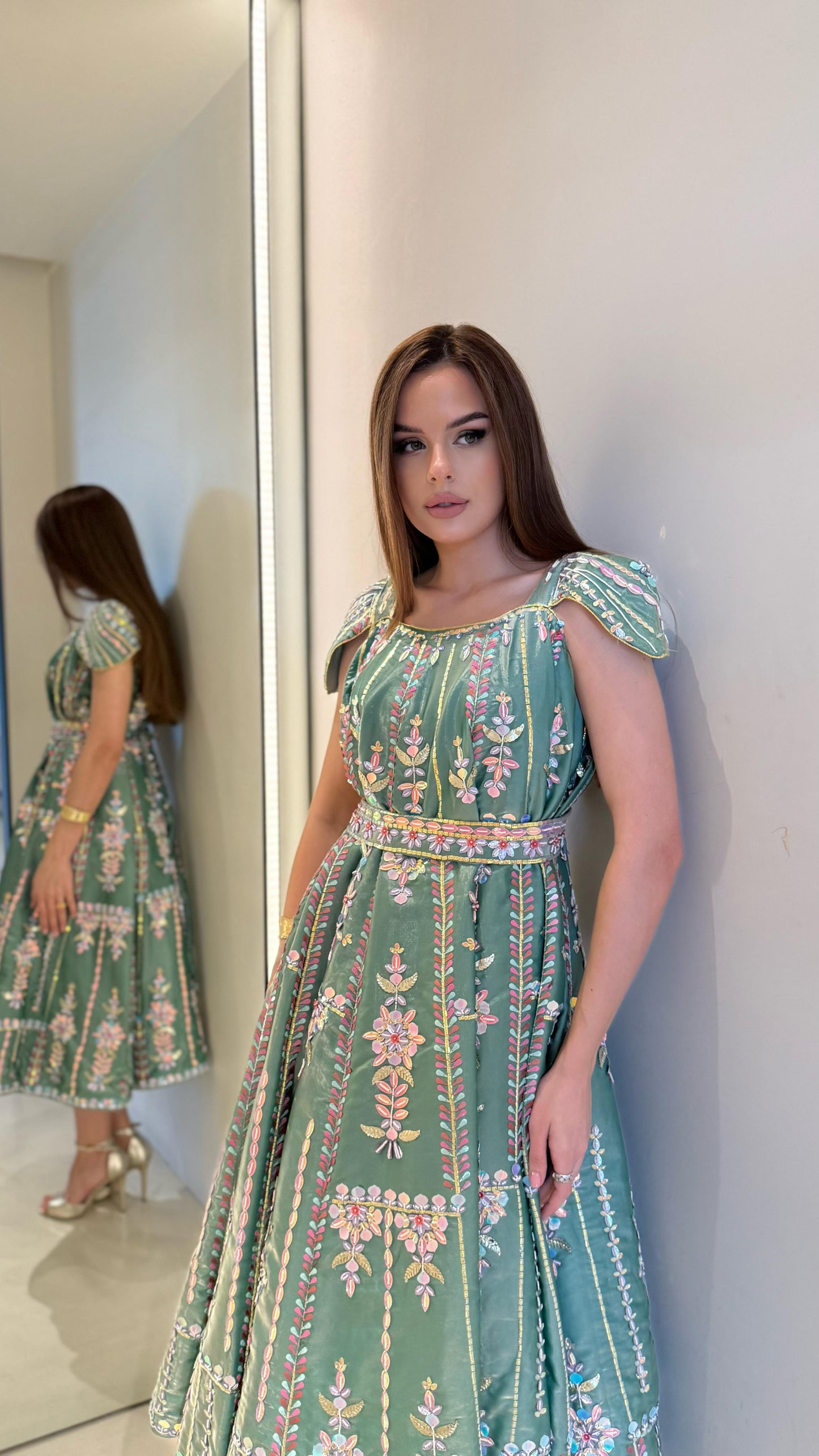 Midi fully embellished Jelwa Dress- mint x pink
