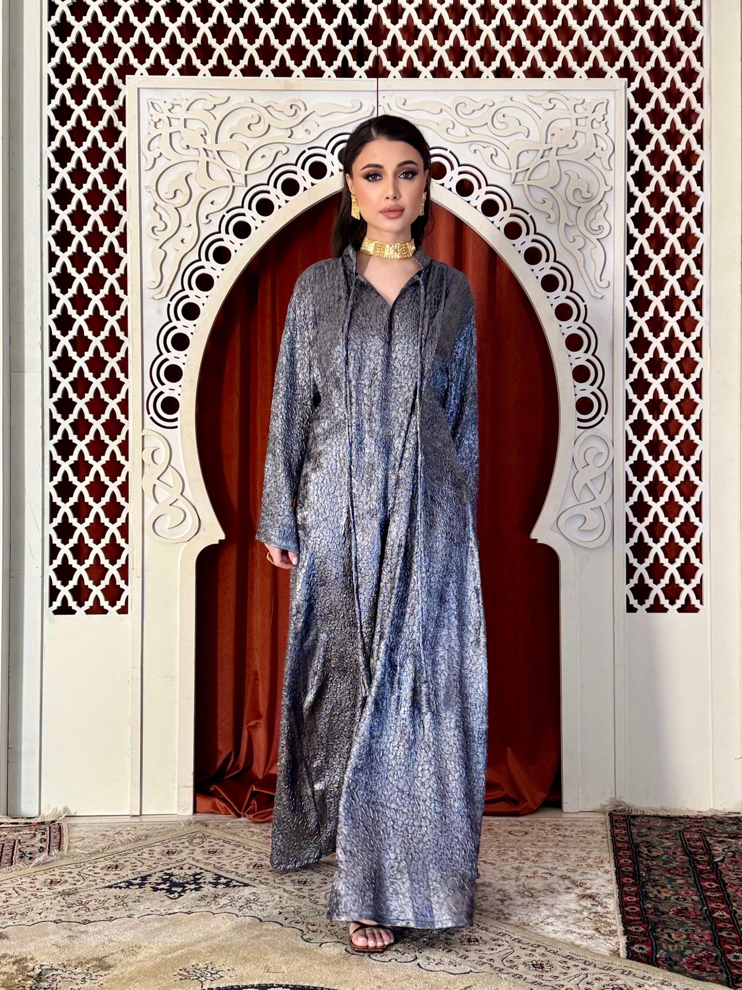 Brocade flowy Kaftan  -metallic blue
