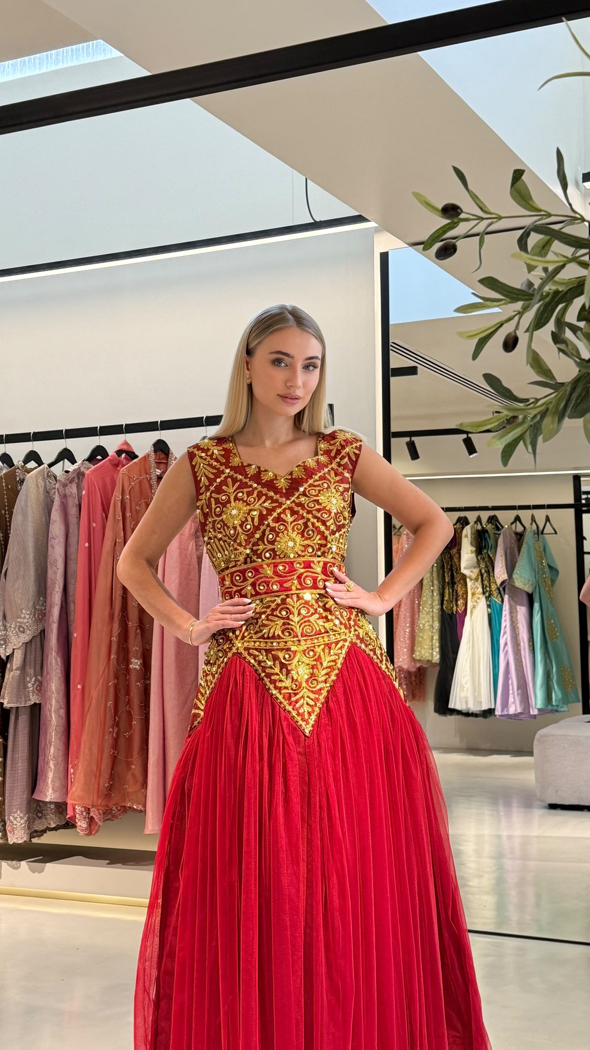 Nashel Jelwa Geometrical Dress X Tulle- Deep Red