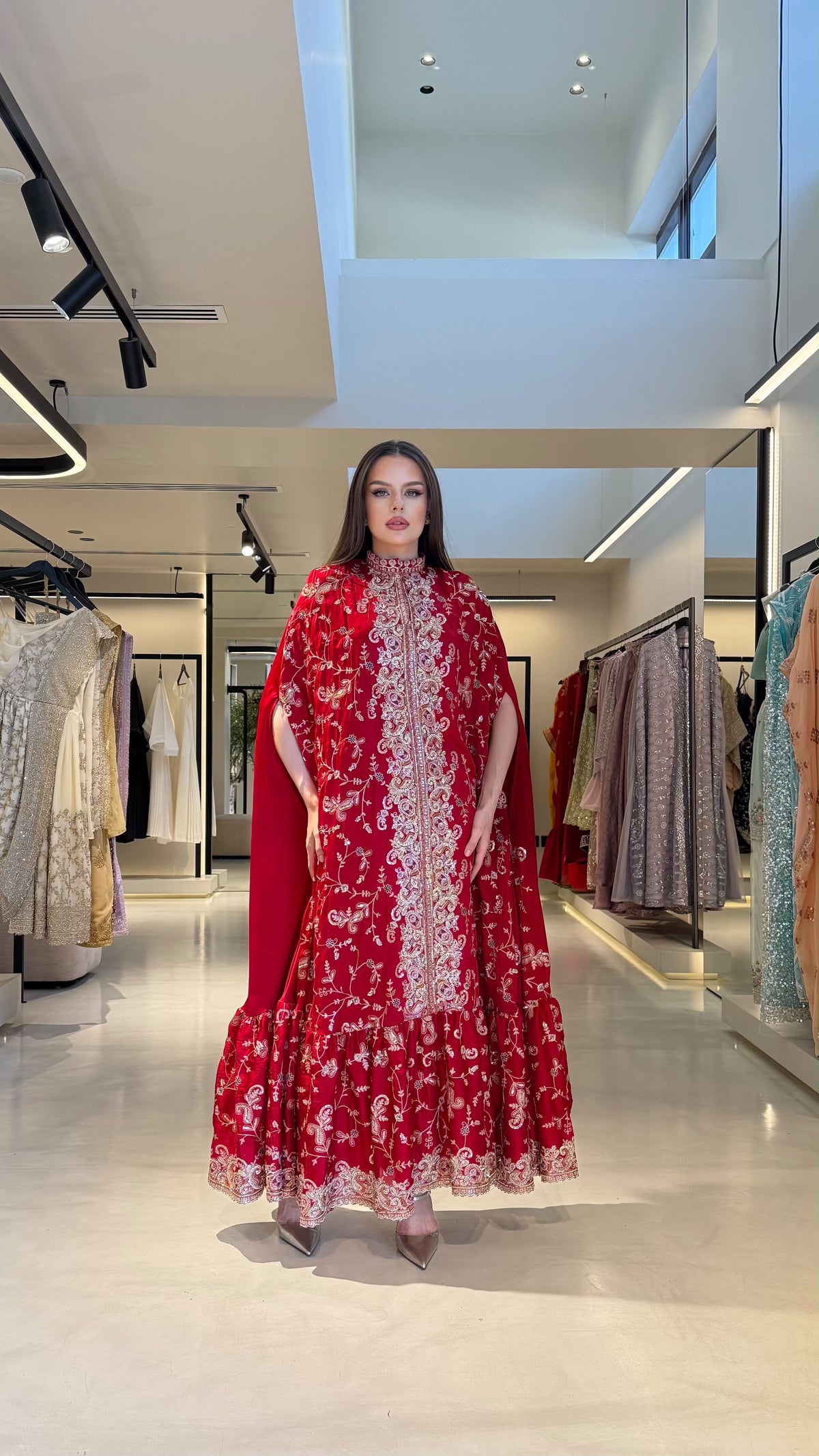 Ruffles Cape Jelwa kaftan -Scarlet