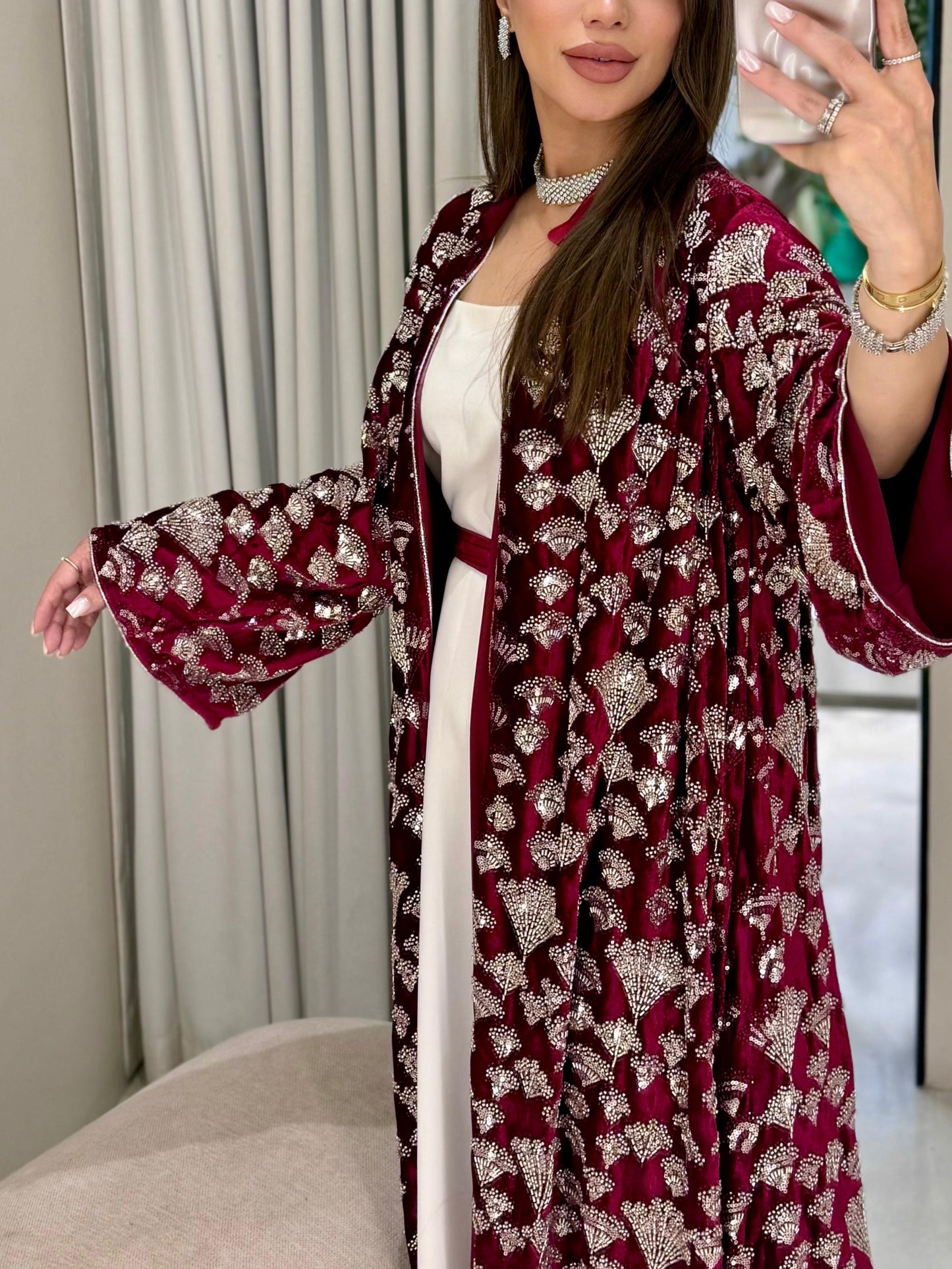 Velvet Bisht - Red x silver Embellishments